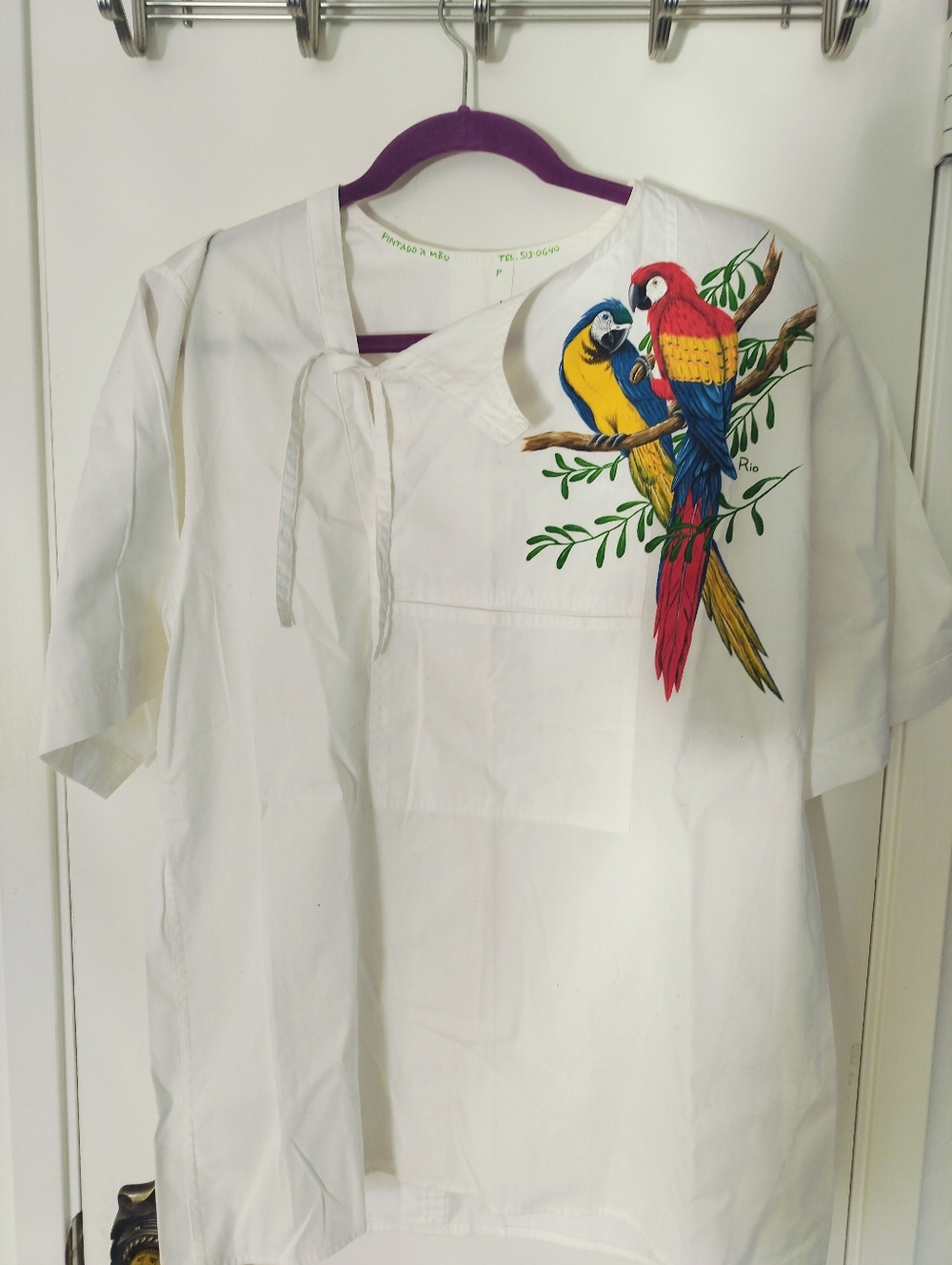 Hand Painted Cotton White Tropical Summer Shirt Brazil Macaws Size Med/Large